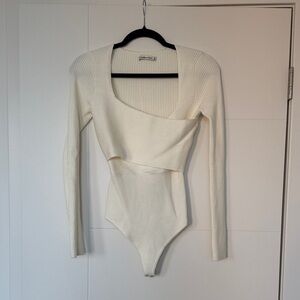 Cream Asymmetrical Ribbed Bodysuit